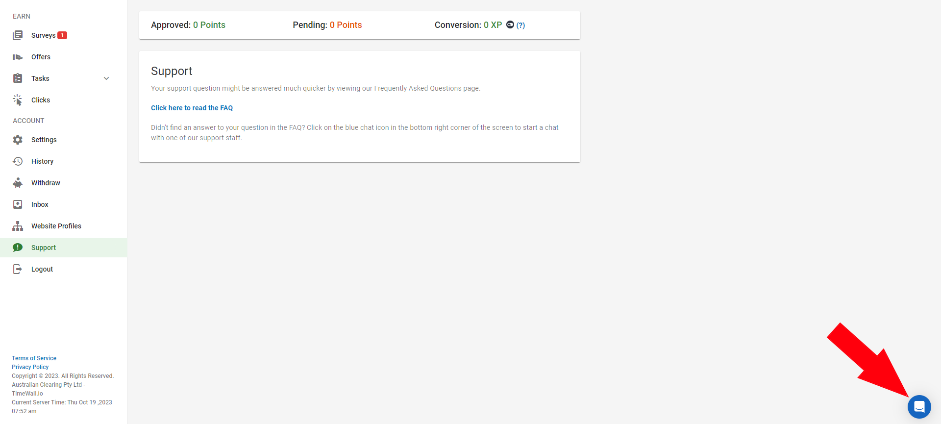 TimeWall chat support button location